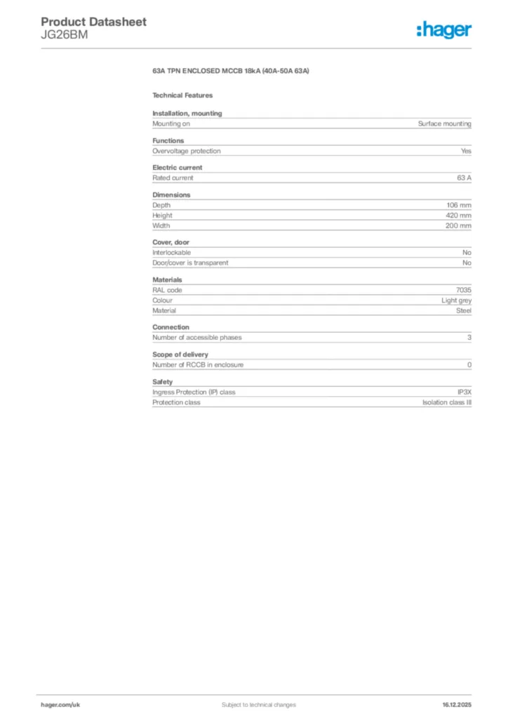 Image Hager Product data sheet JG26BM  | Hager