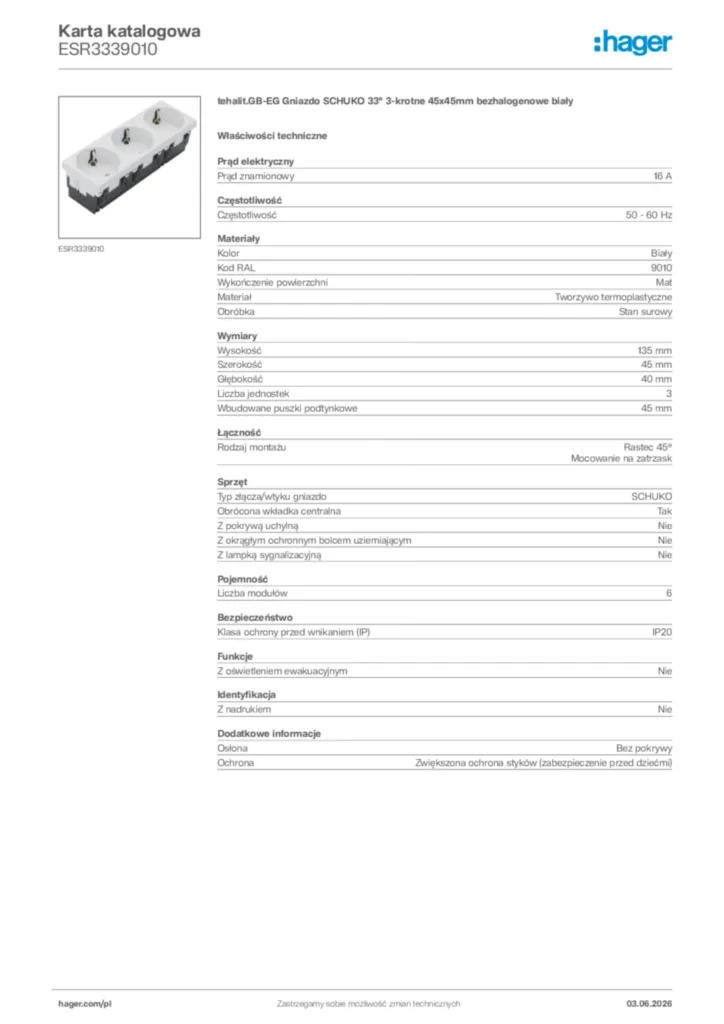 Zdjęcie Hager Karta katalogowa ESR3339010 | Hager Polska