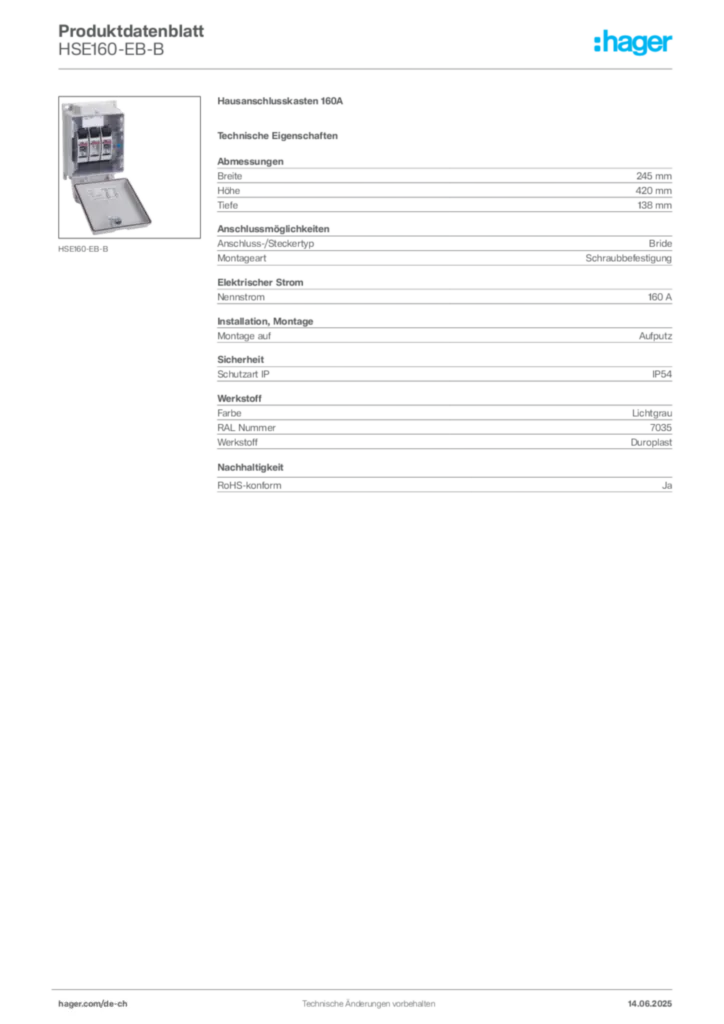 Bild Hager Produktdatenblatt HSE160-EB-B | Hager Schweiz