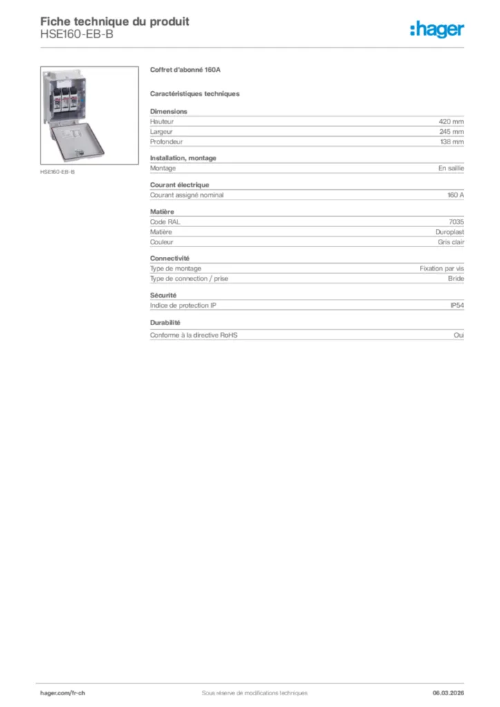 Image Hager Fiche technique du produit HSE160-EB-B | Hager Suisse