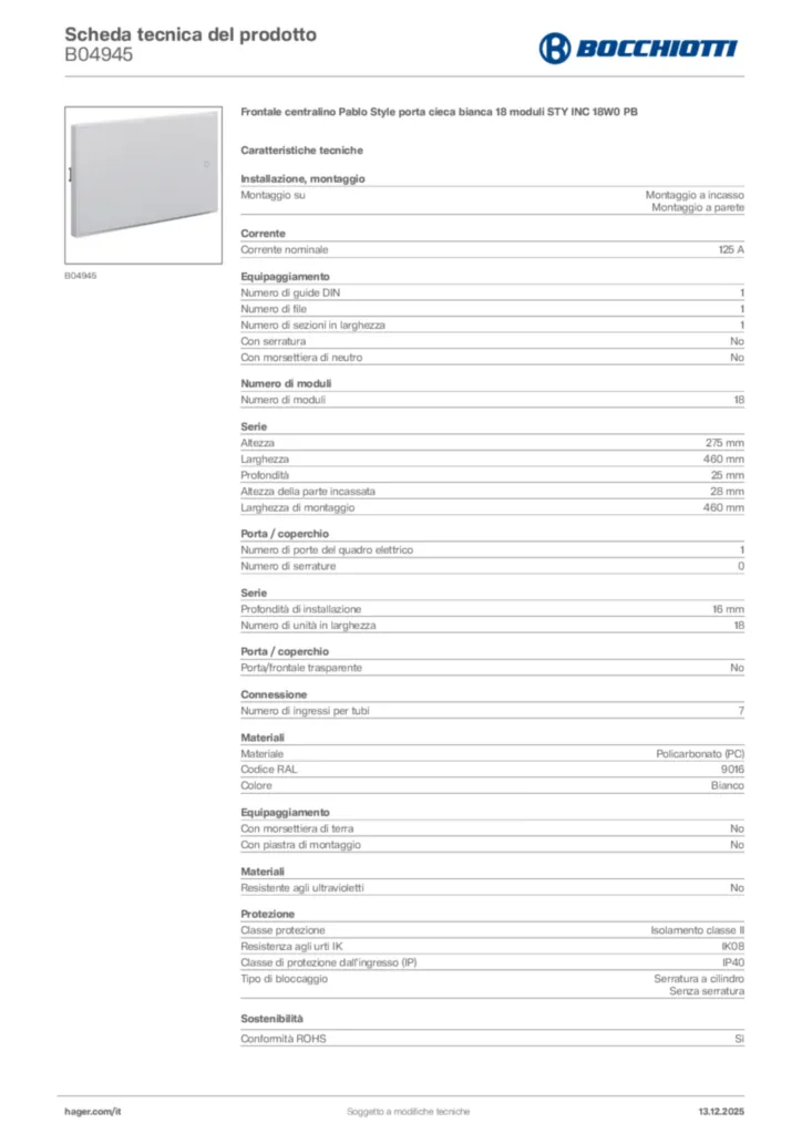 Immagine Bocchiotti Scheda tecnica del prodotto B04945 | Hager Italia