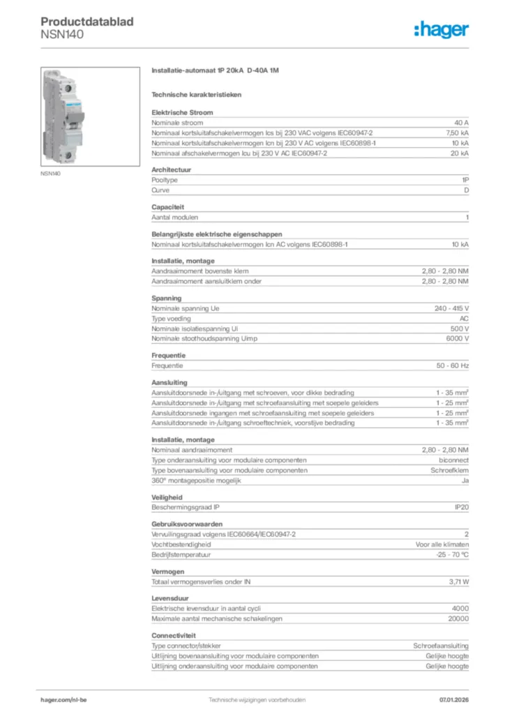 Afbeelding Hager Productdatablad NSN140 | Hager Belgium