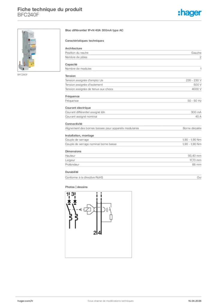 Image Hager Fiche technique du produit BFC240F | Hager France