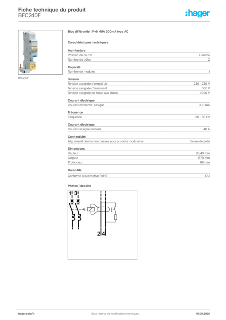 Image Hager Fiche technique du produit BFC240F | Hager France