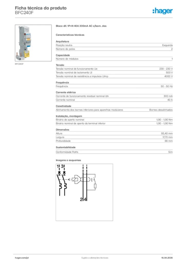 Imagem Hager Ficha técnica do produto BFC240F | Hager Portugal