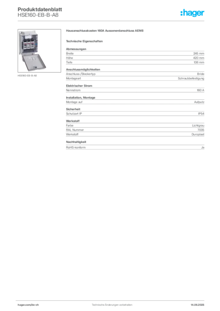 Bild Hager Produktdatenblatt HSE160-EB-B-A8 | Hager Schweiz