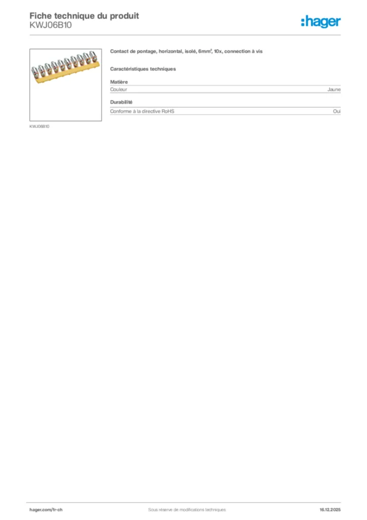 Image Hager Fiche technique du produit KWJ06B10 | Hager Suisse