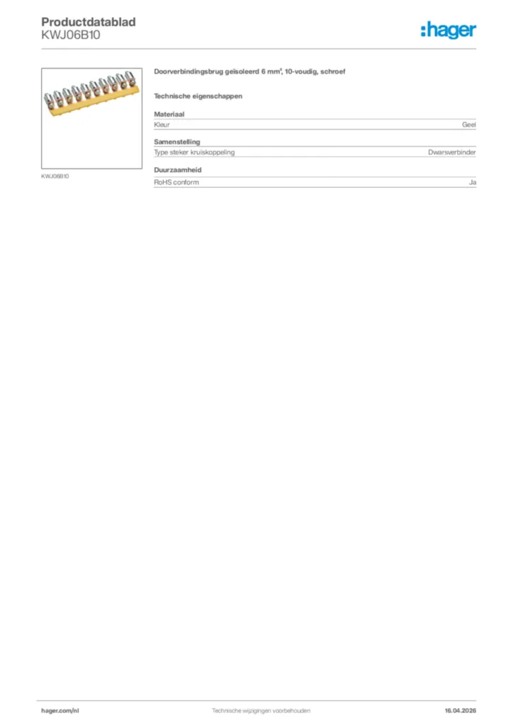 Afbeelding Hager Productdatablad KWJ06B10 | Hager Nederland