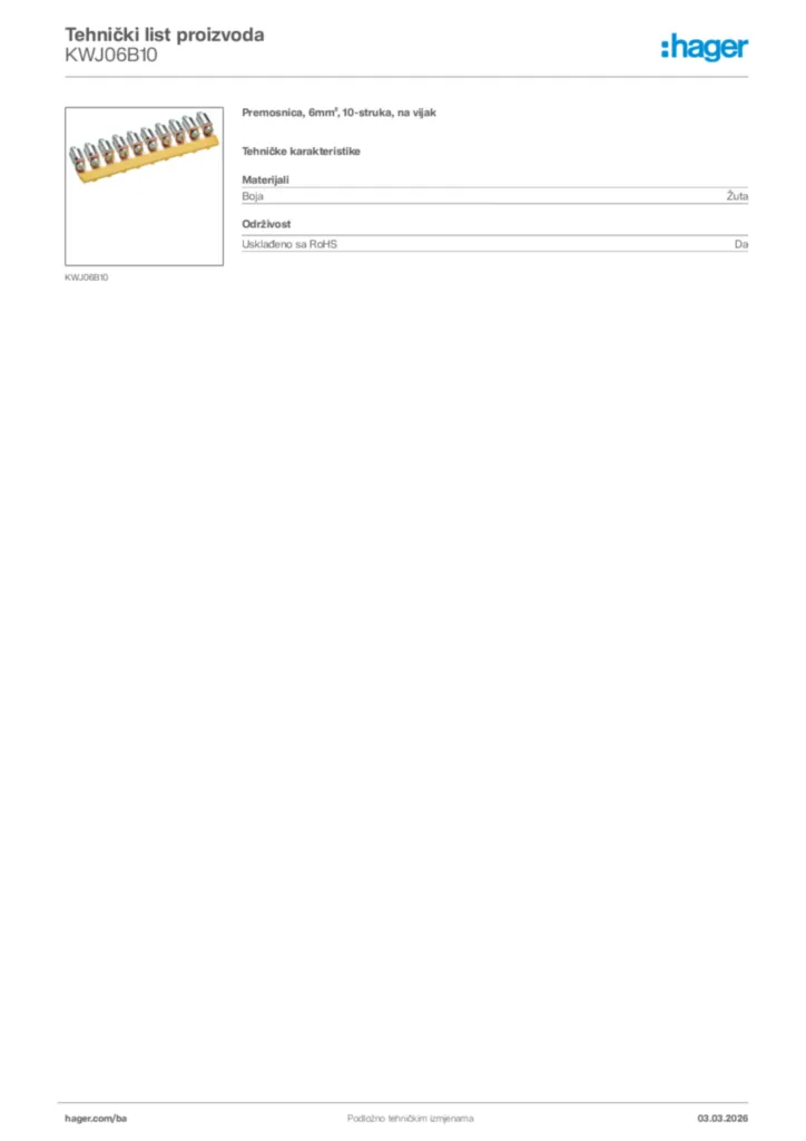 Slika Hager Tehnički list proizvoda KWJ06B10  | Hager