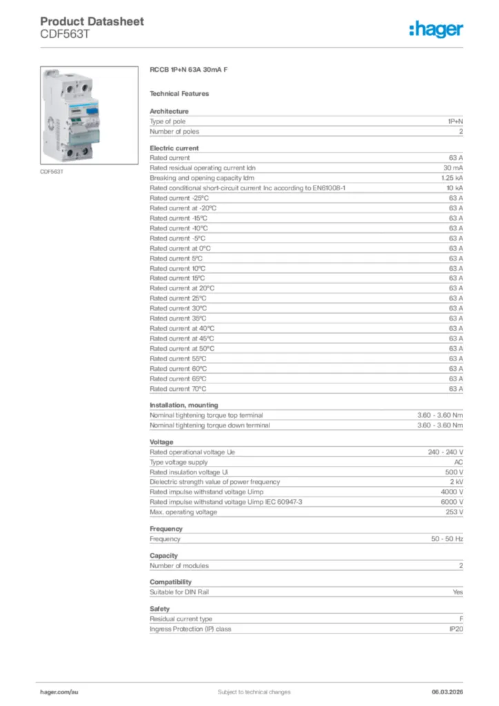 Image Hager Product data sheet CDF563T  | Hager Australia