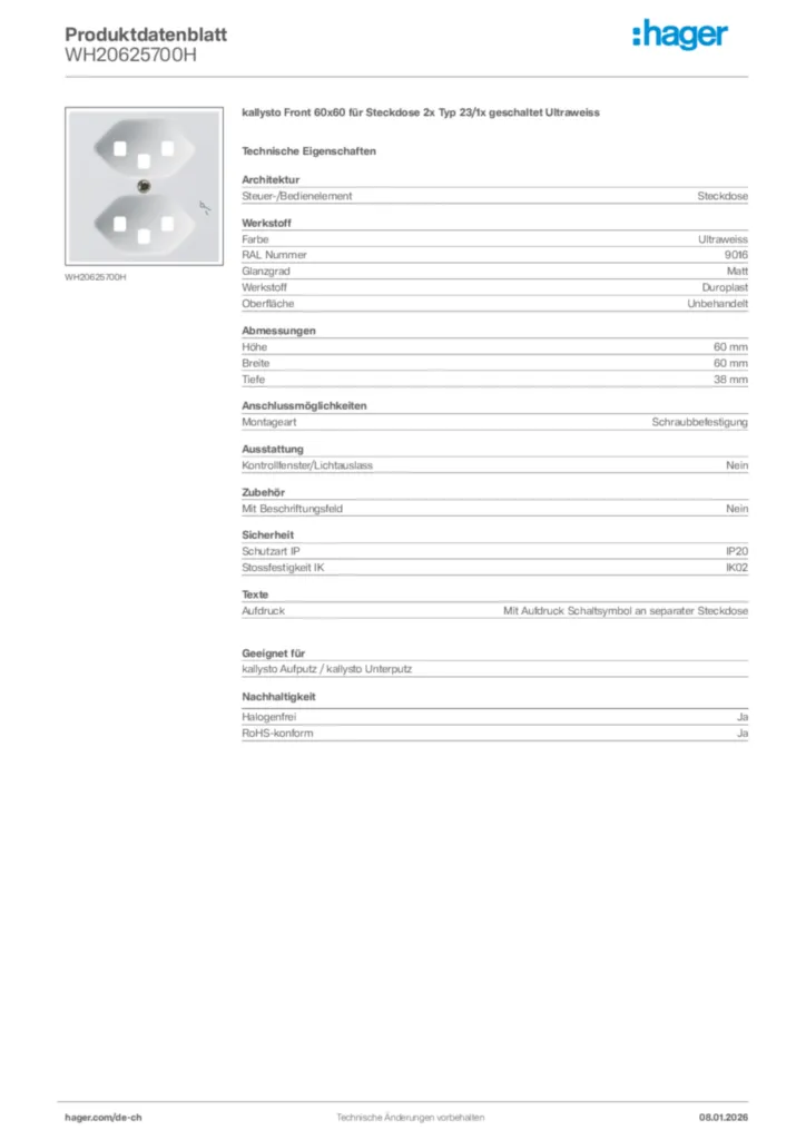 Bild Hager Produktdatenblatt WH20625700H | Hager Schweiz