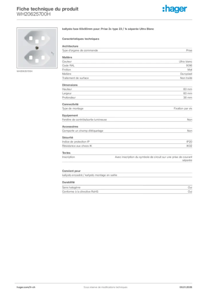 Image Hager Fiche technique du produit WH20625700H | Hager Suisse