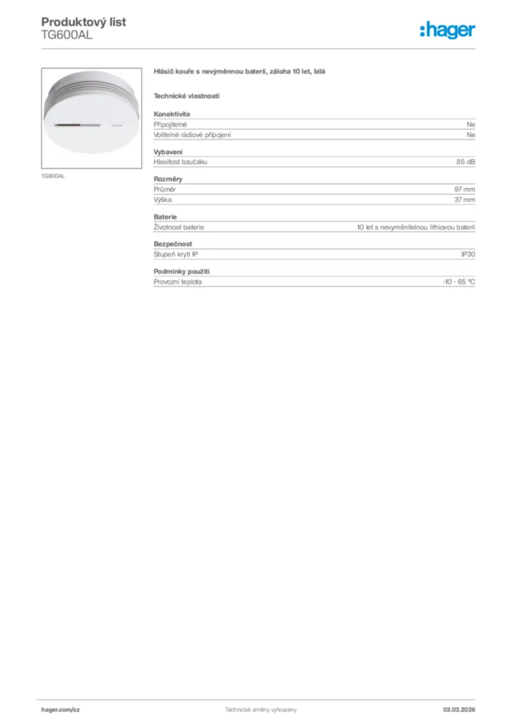 Obrázek Hager Product data sheet TG600AL | Hager