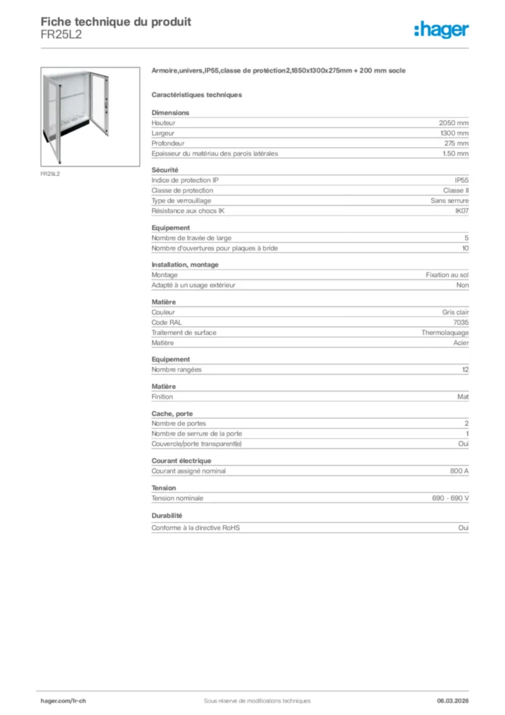 Image Hager Fiche technique du produit FR25L2 | Hager Suisse