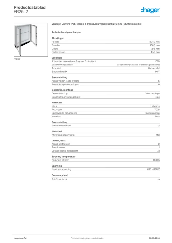 Afbeelding Hager Productdatablad FR25L2 | Hager Nederland