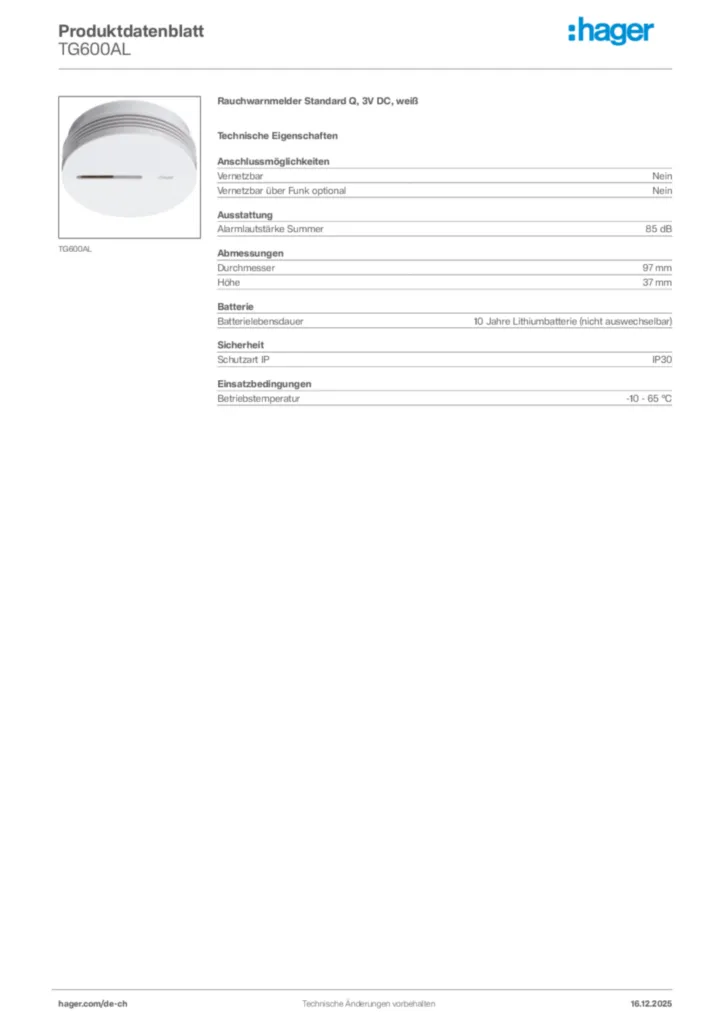 Bild Hager Produktdatenblatt TG600AL | Hager Schweiz