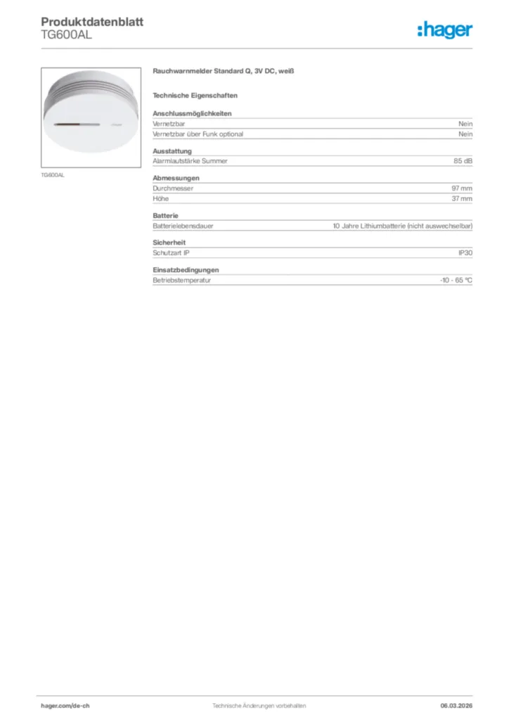Bild Hager Produktdatenblatt TG600AL | Hager Schweiz