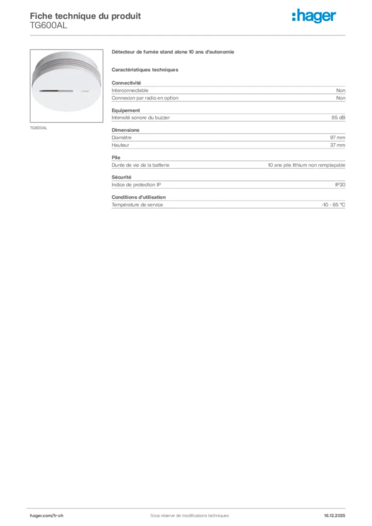 Image Hager Fiche technique du produit TG600AL | Hager Suisse