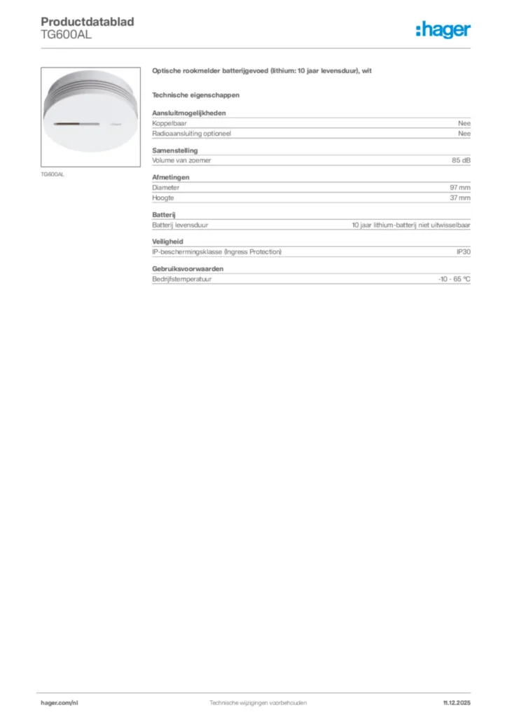 Afbeelding Hager Productdatablad TG600AL | Hager Nederland