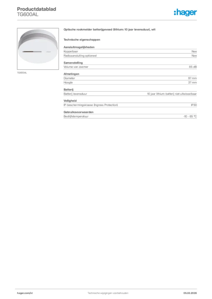 Afbeelding Hager Productdatablad TG600AL | Hager Nederland