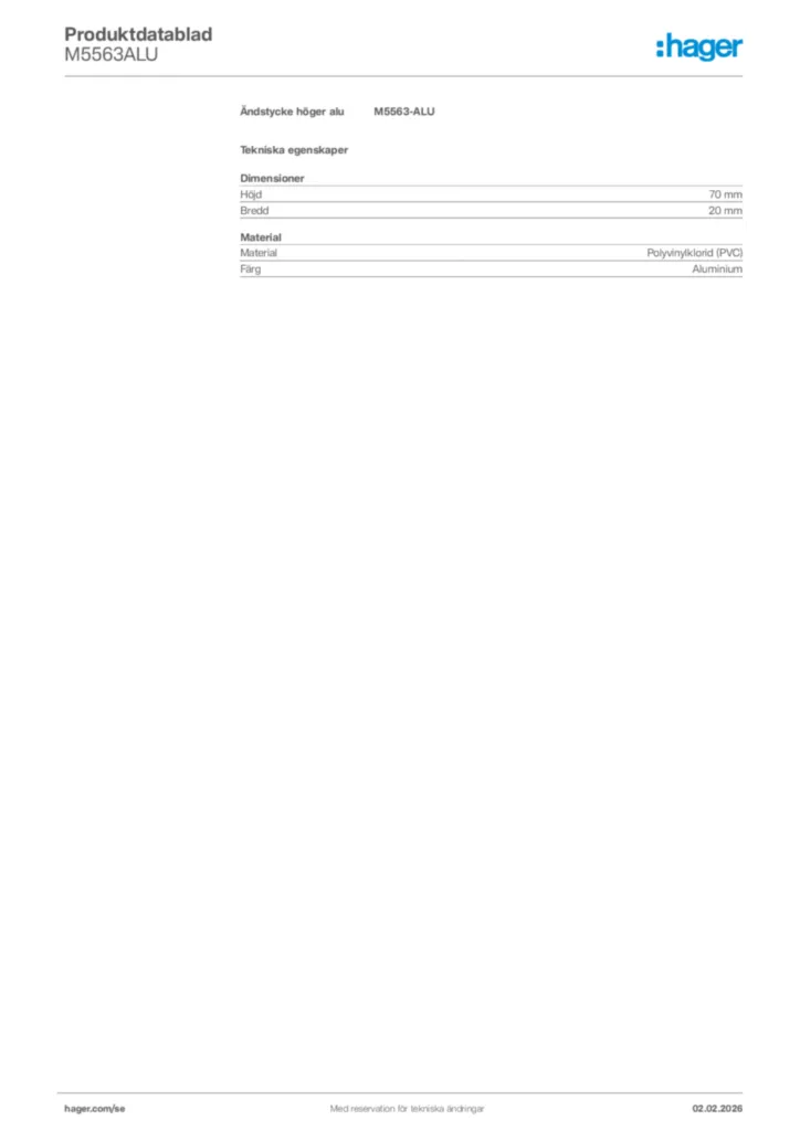 Bild Hager Produktdatablad M5563ALU | Hager Sverige