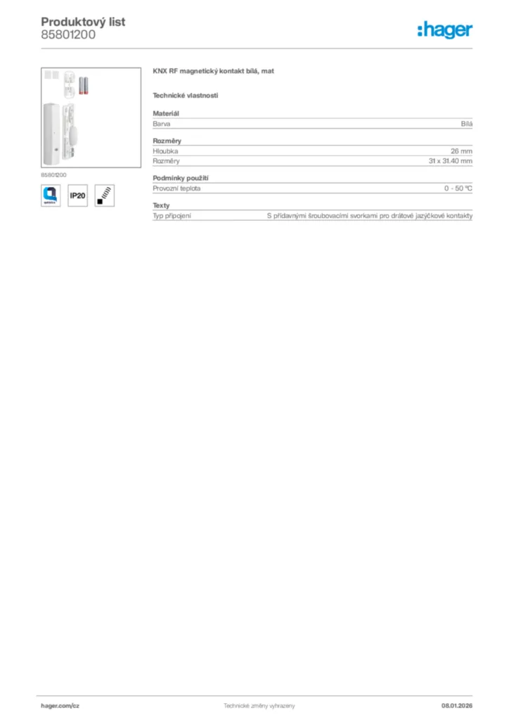 Obrázek Hager Product data sheet 85801200 | Hager