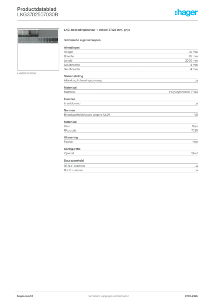 Afbeelding Hager Productdatablad LKG3702507030B | Hager Nederland