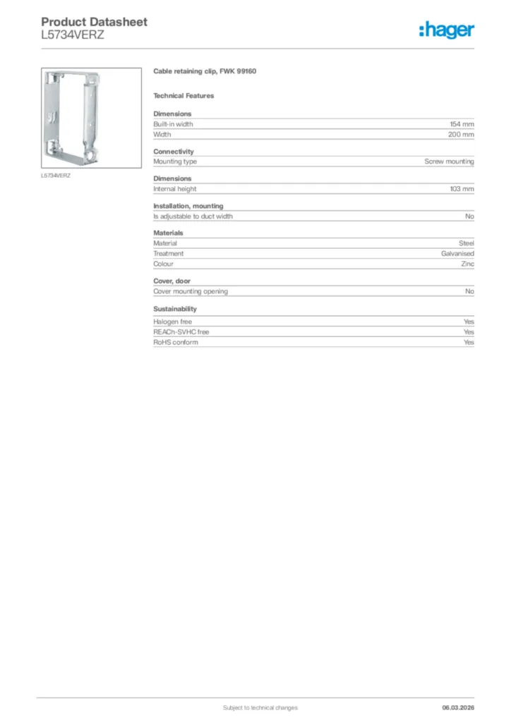 Image Hager Product data sheet L5734VERZ  | Hager Africa