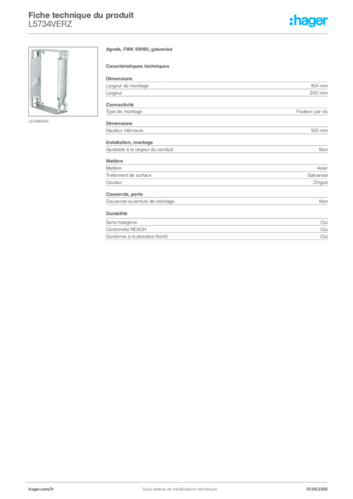 Image Hager Fiche technique du produit L5734VERZ | Hager France
