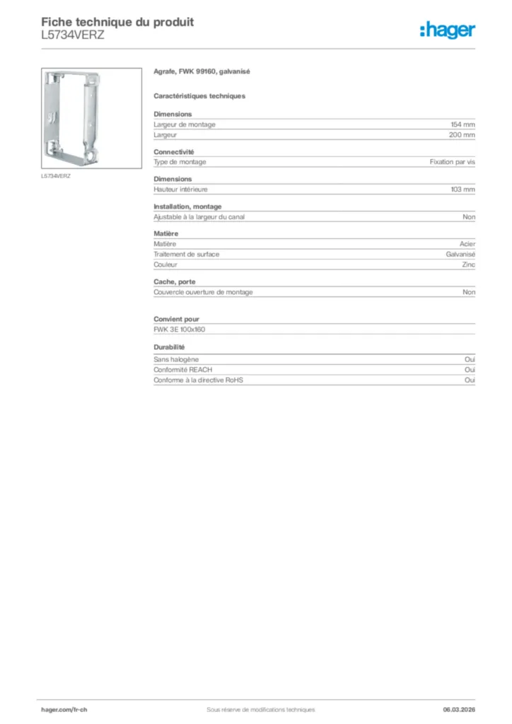 Image Hager Fiche technique du produit L5734VERZ | Hager Suisse