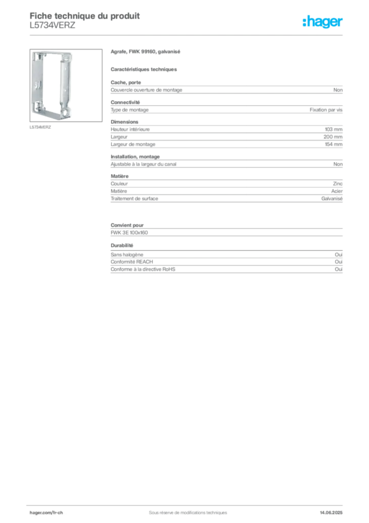 Image Hager Fiche technique du produit L5734VERZ | Hager Suisse