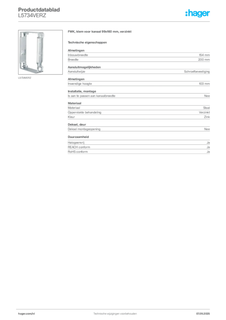 Afbeelding Hager Productdatablad L5734VERZ | Hager Nederland