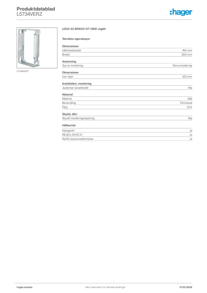 Bild Hager Produktdatablad L5734VERZ | Hager Sverige