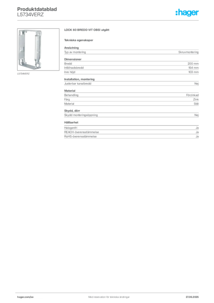 Bild Hager Produktdatablad L5734VERZ | Hager Sverige