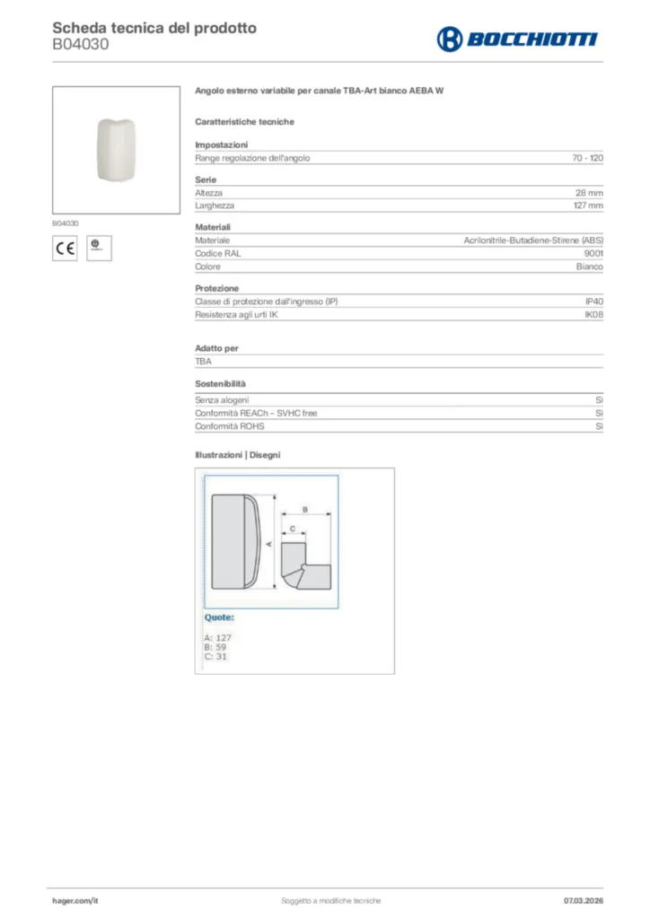 Immagine Bocchiotti Scheda tecnica del prodotto B04030 | Hager Italia