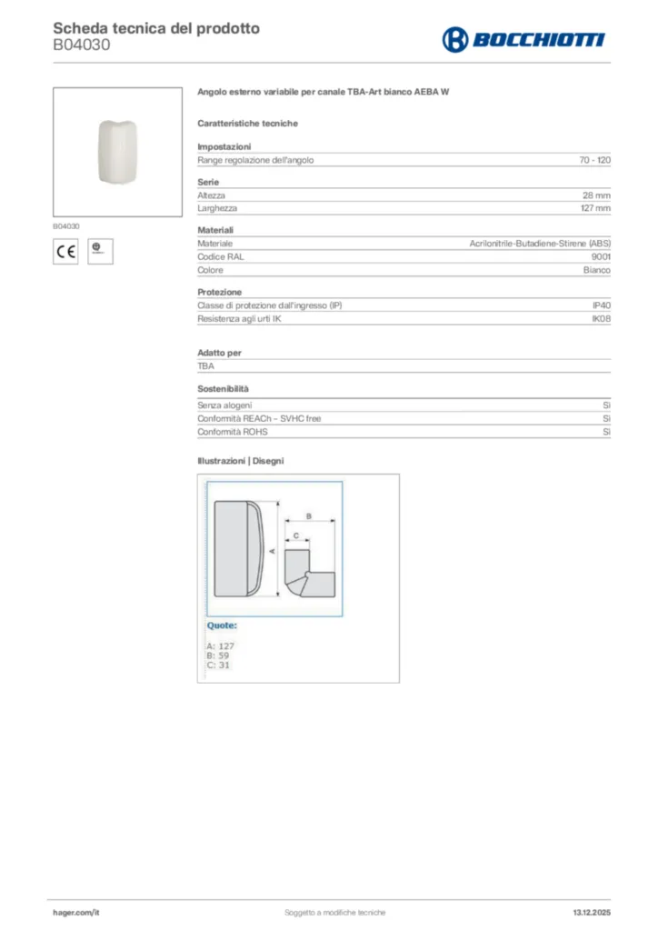Immagine Bocchiotti Scheda tecnica del prodotto B04030 | Hager Italia