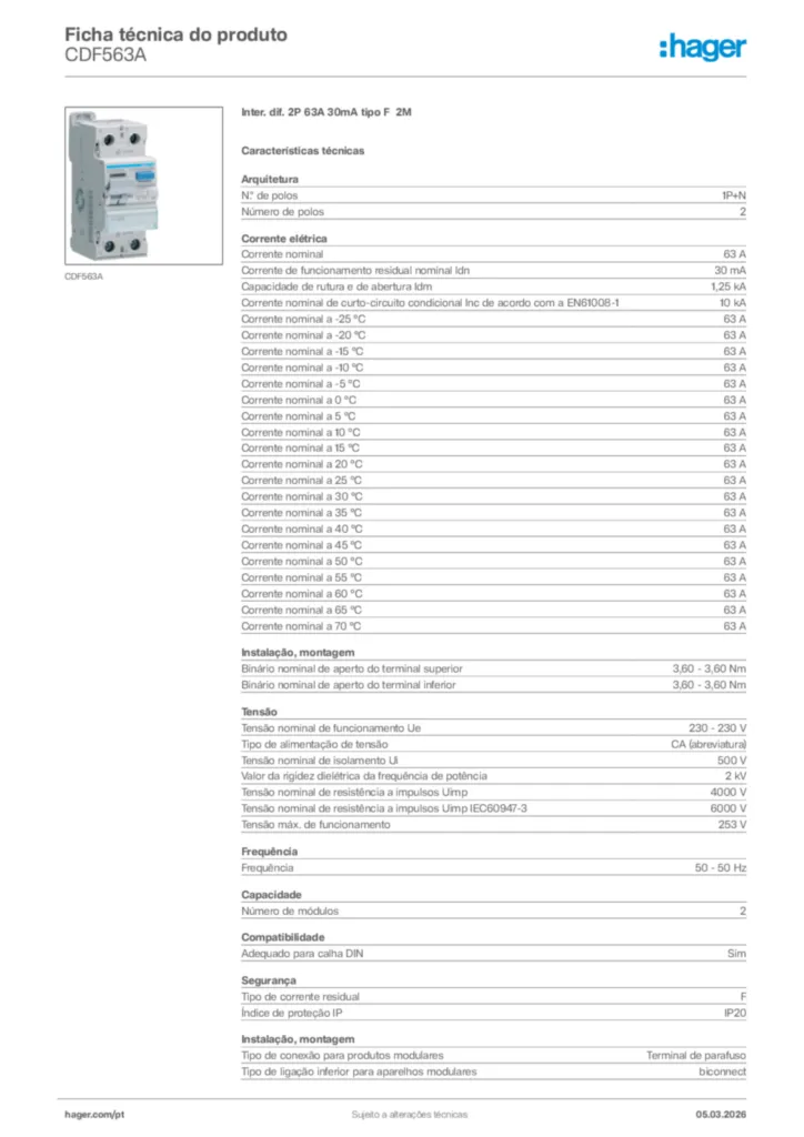 Imagem Hager Ficha técnica do produto CDF563A | Hager Portugal