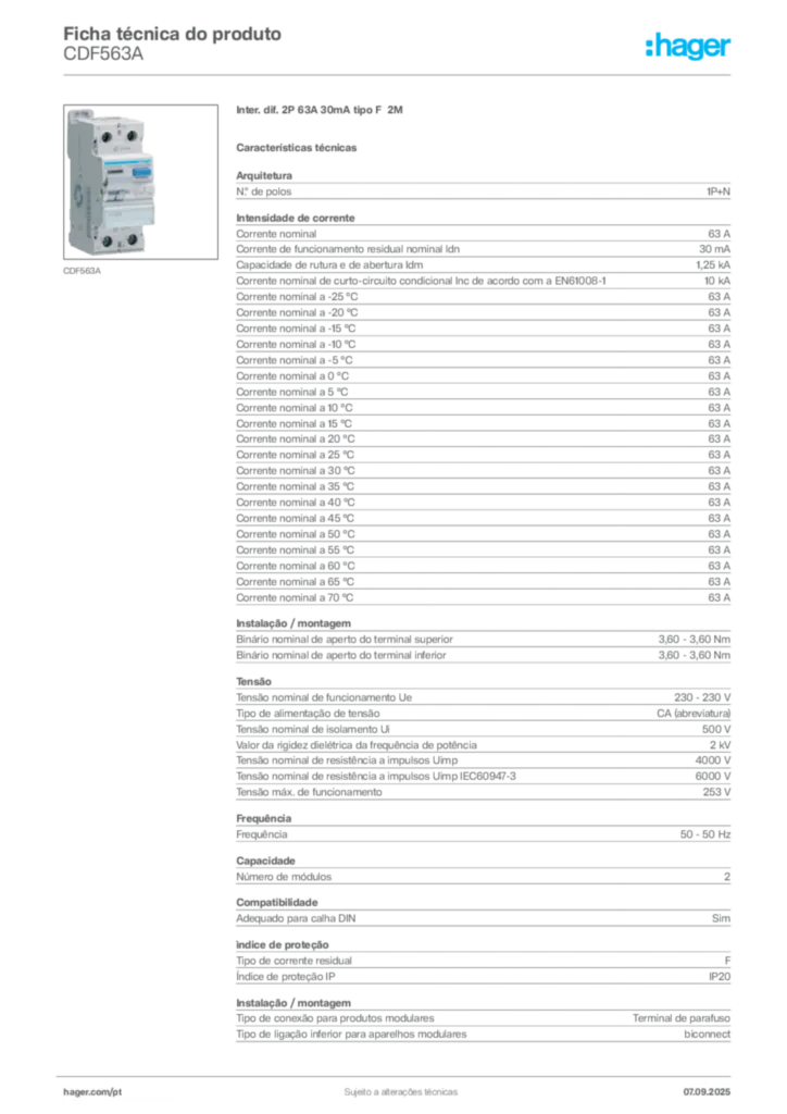 Imagem Hager Ficha técnica do produto CDF563A | Hager Portugal