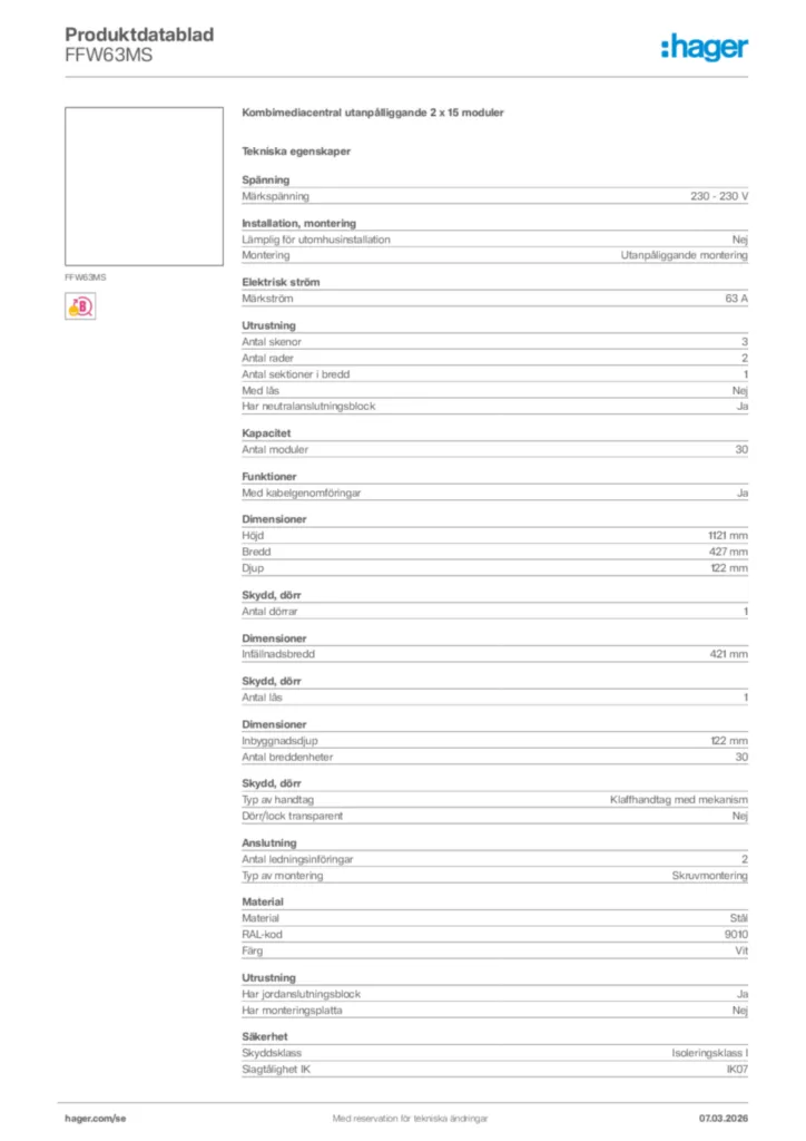 Bild Hager Produktdatablad FFW63MS | Hager Sverige