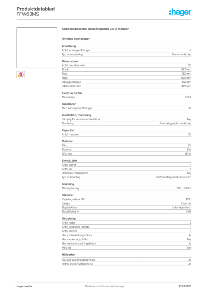 Bild Hager Produktdatablad FFW63MS | Hager Sverige
