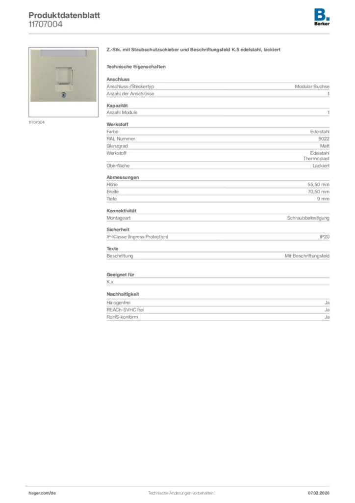 Bild Berker Produktdatenblatt 11707004 | Hager Deutschland