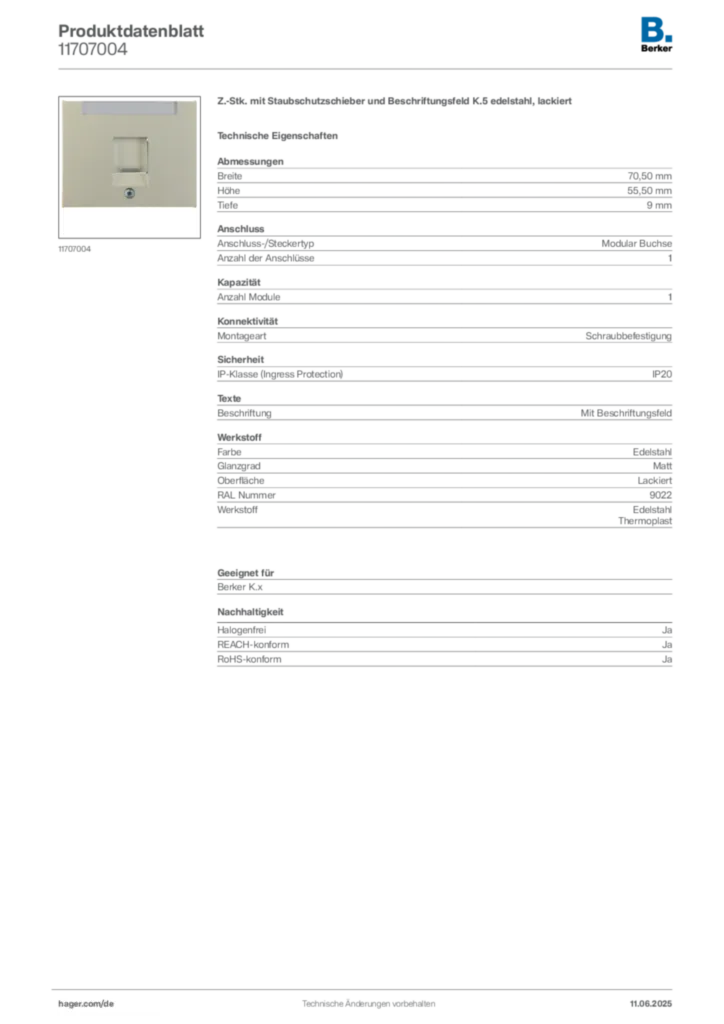 Bild Berker Produktdatenblatt 11707004 | Hager Deutschland