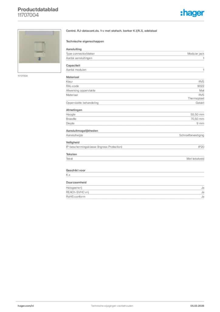 Afbeelding Hager Productdatablad 11707004 | Hager Nederland