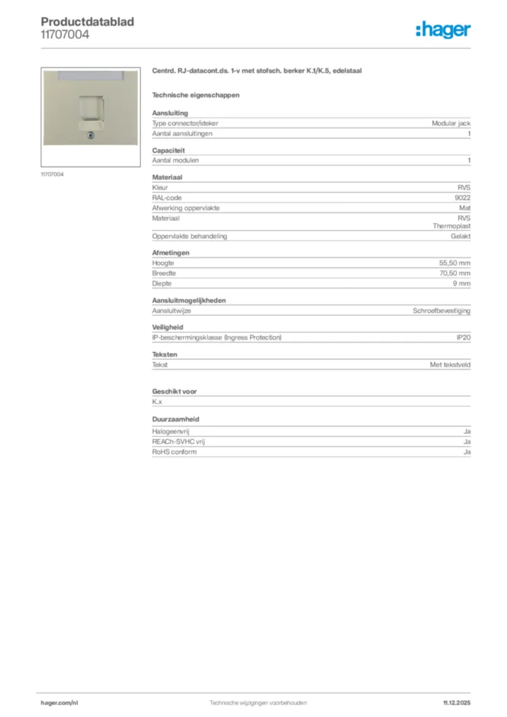 Afbeelding Hager Productdatablad 11707004 | Hager Nederland