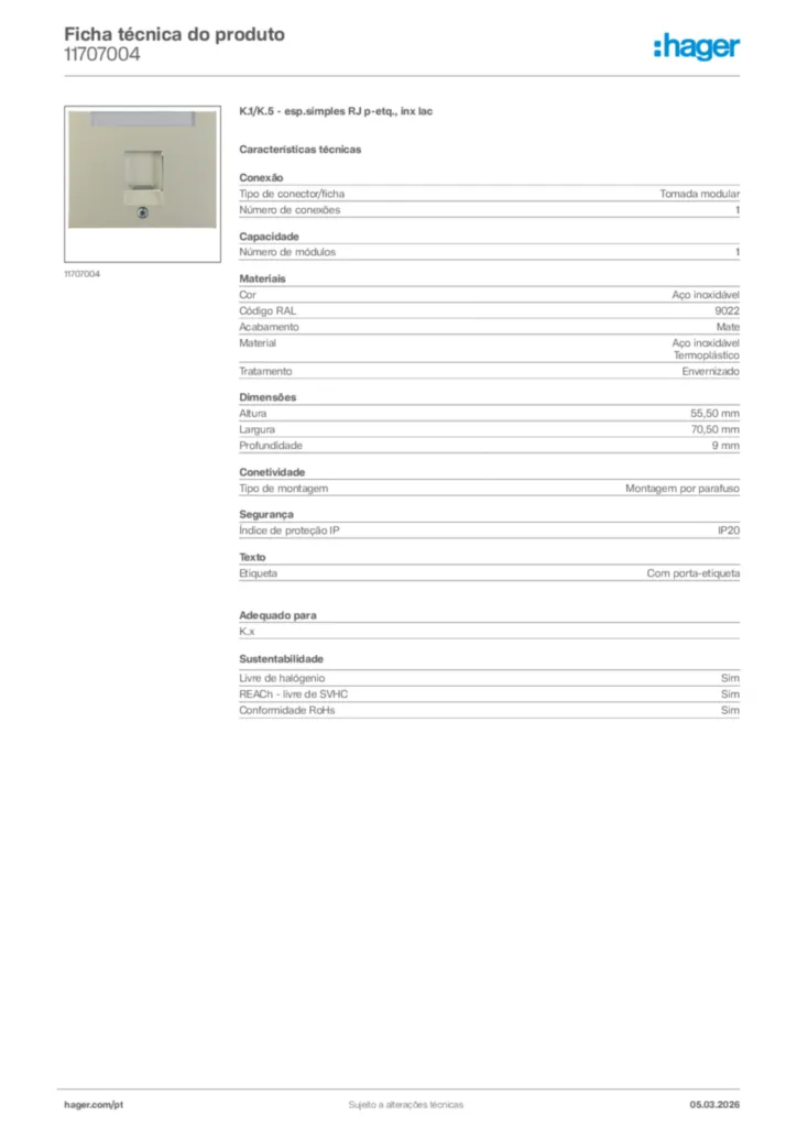 Imagem Hager Ficha técnica do produto 11707004 | Hager Portugal