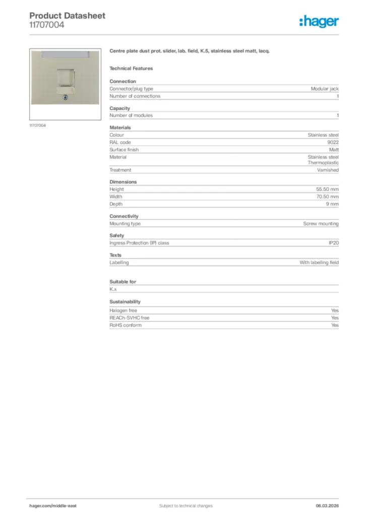 Image Hager Product data sheet 11707004  | Hager