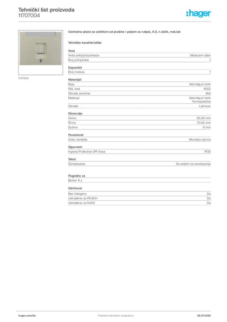 Slika Hager Product data sheet 11707004  | Hager