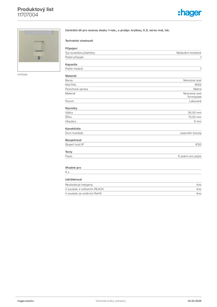 Obrázek Hager Product data sheet 11707004 | Hager