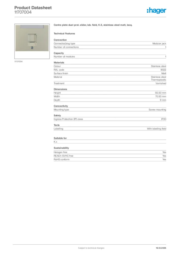 Image Hager Product data sheet 11707004  | Hager