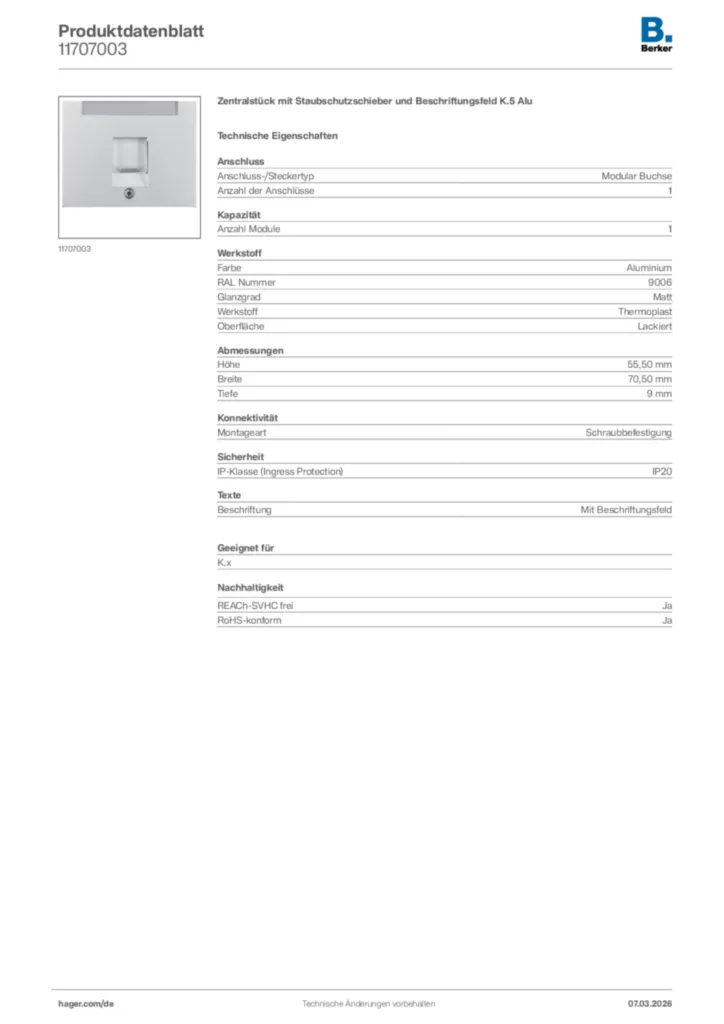 Bild Berker Produktdatenblatt 11707003 | Hager Deutschland